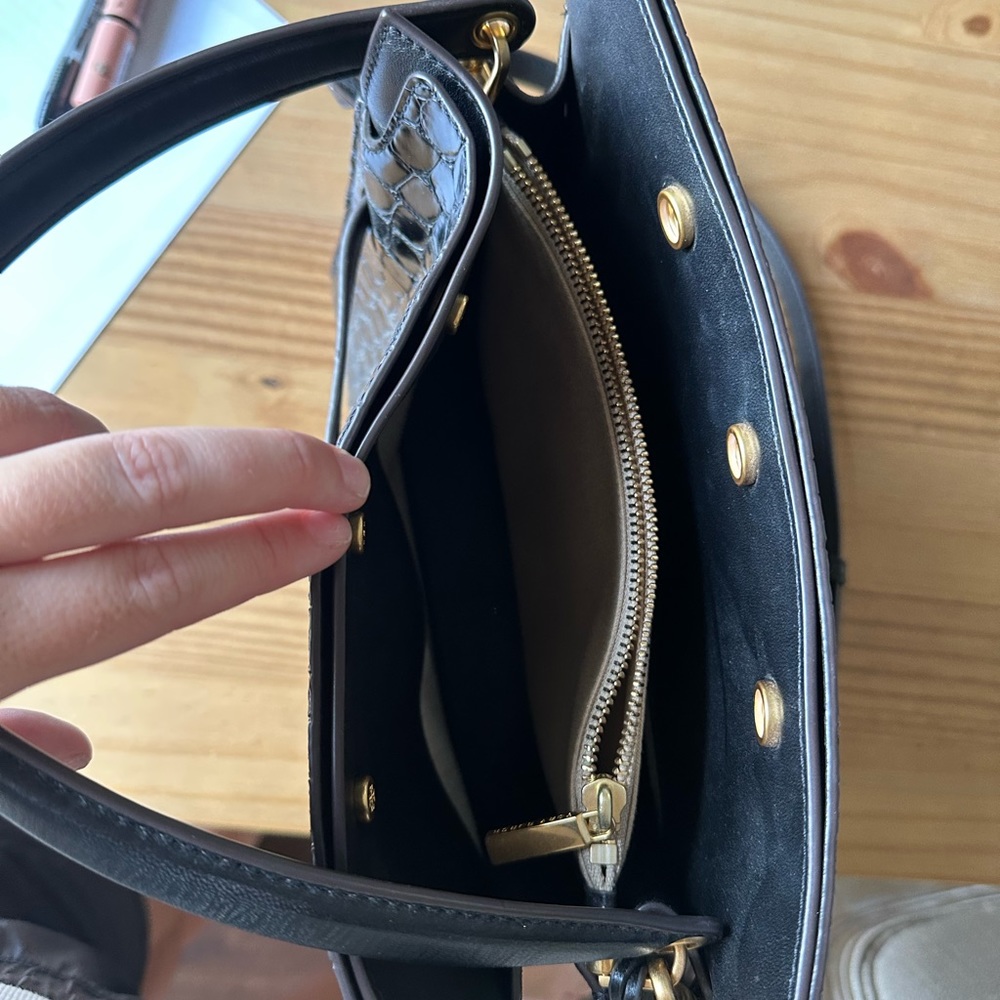 Tory Burch Lee Radziwill Croc Embossed Leather Suede Double Bag Black - Picture 8 of 9